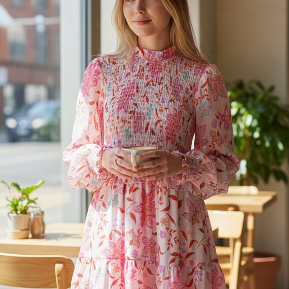 FATE The Label Pink Multi Floral Smocked Bodice Ruffle Tiered Dress Small - Picture 5 of 6